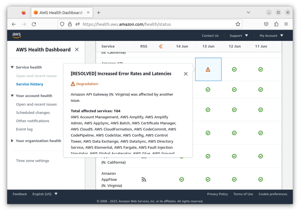 AWSのサービスの稼働状況（障害発生状況）をAWS Health Dashboardで確認する！