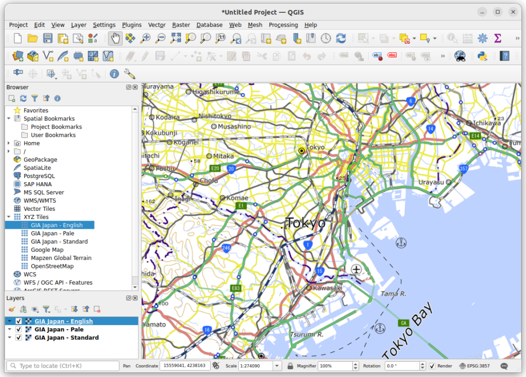 QGISのXYZ Tilesの機能で地理院地図を表示する！
