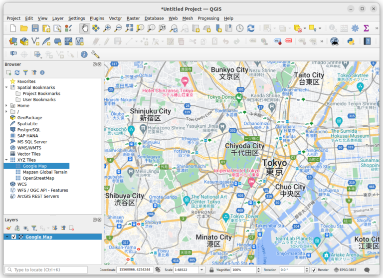 QGISのXYZ Tilesの機能でGoogle Mapを表示する！