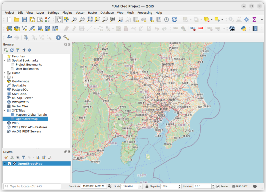 QGISのXYZ Tilesの機能でOpenStreepMapを表示する！